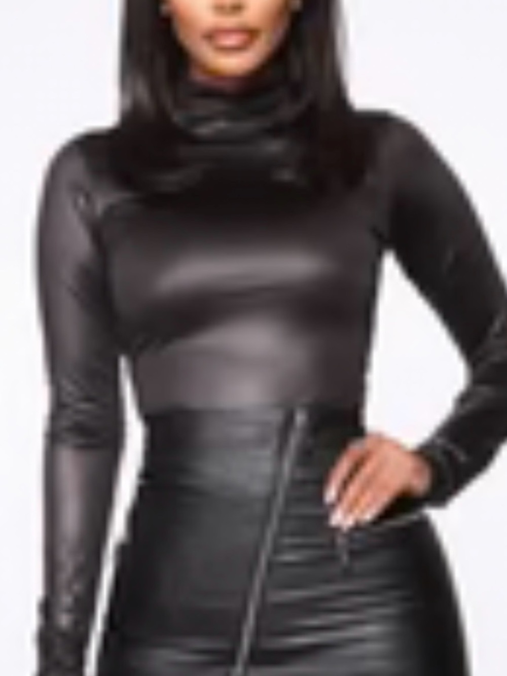 Fashion Nova-Faux Leather Long-Sleeve Turtleneck Top